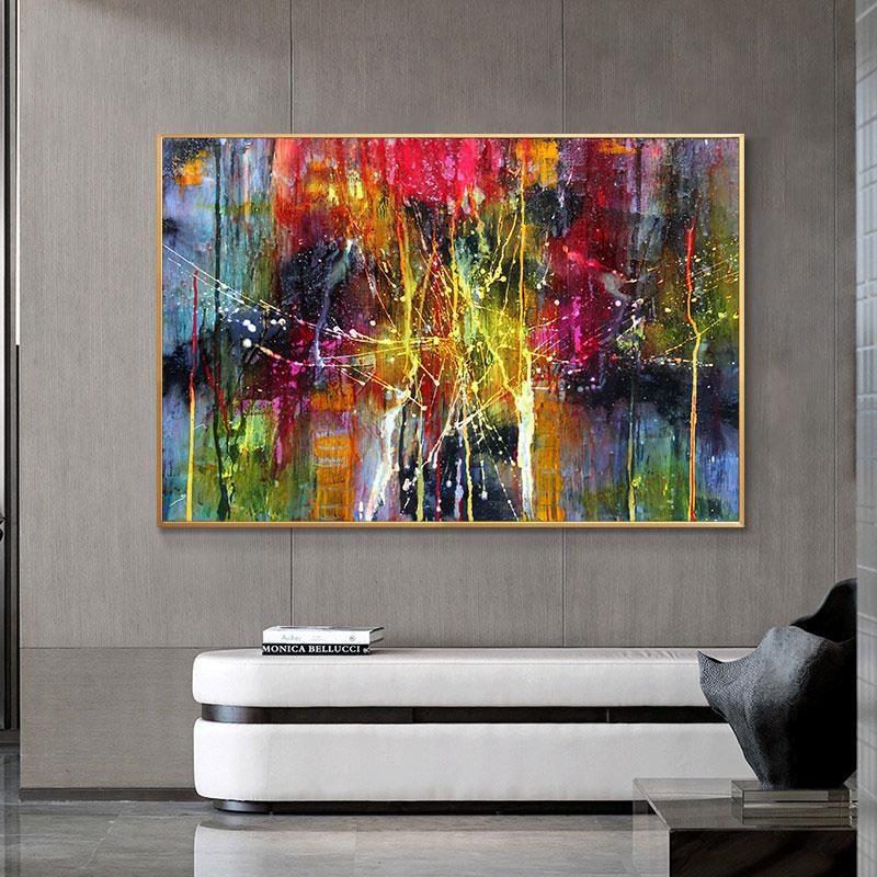Grand tableau abstrait rectangulaire vertical multicolore